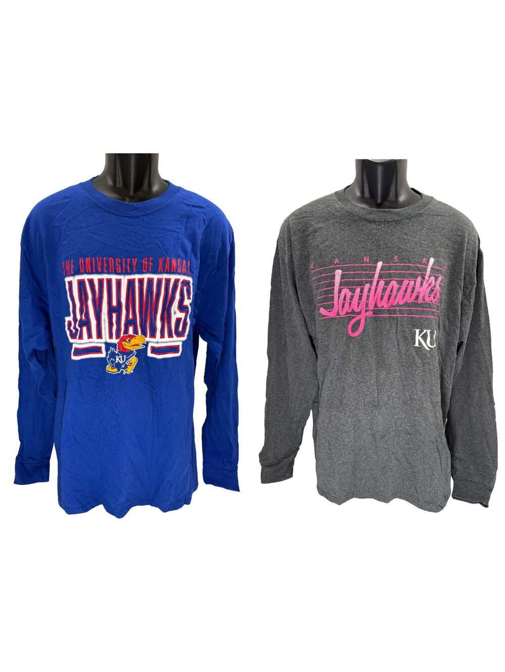 NWT 2 pc Lot Kansas Jayhawks Long Sleeve T-Shirts Mens Large Tees Blue Gray Pink